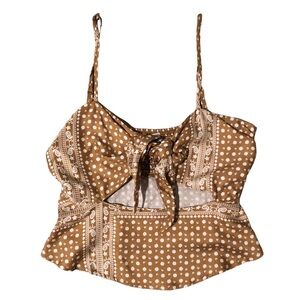 Printed Tan/White Peplum Cut-out Tie Front Top- Medium